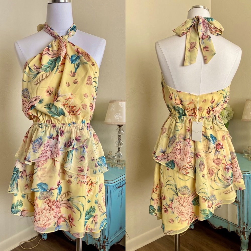 Floral Tropical Yellow Halter Asymmetrical Mini Dress, Medium